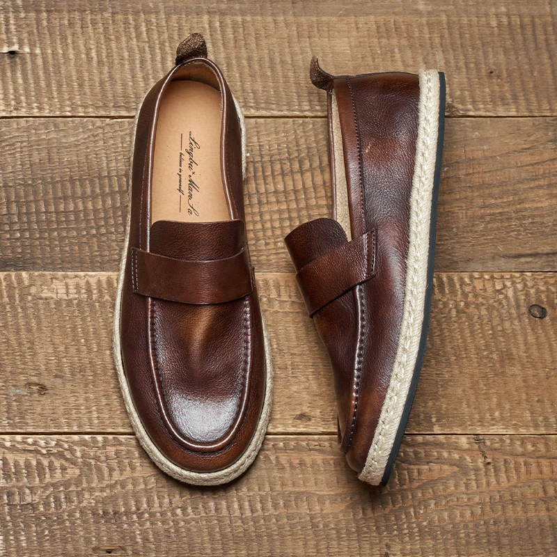 JIANGZHI夏季中国风男士乐福鞋豆豆鞋牛皮百搭复古软底休闲男男鞋