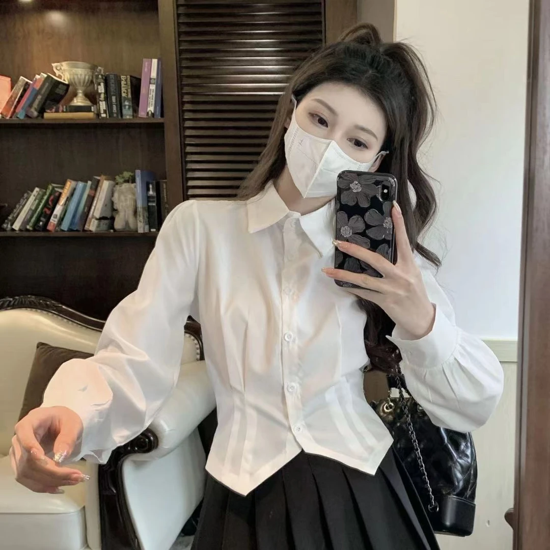 秋季新款长袖衬衫女2022设计感小众收腰百搭修身短款衬衣别致上衣