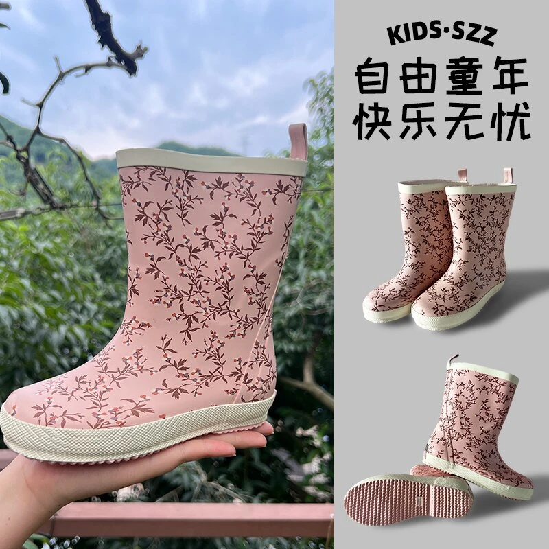 小碎花粉色女童宝宝防滑轻便中筒橡胶雨鞋