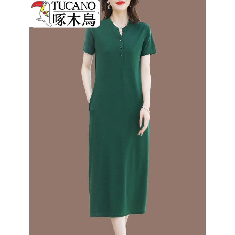 啄木鸟短袖针织连衣裙女冰丝过膝长裙中年妈妈夏装宽松圆领T