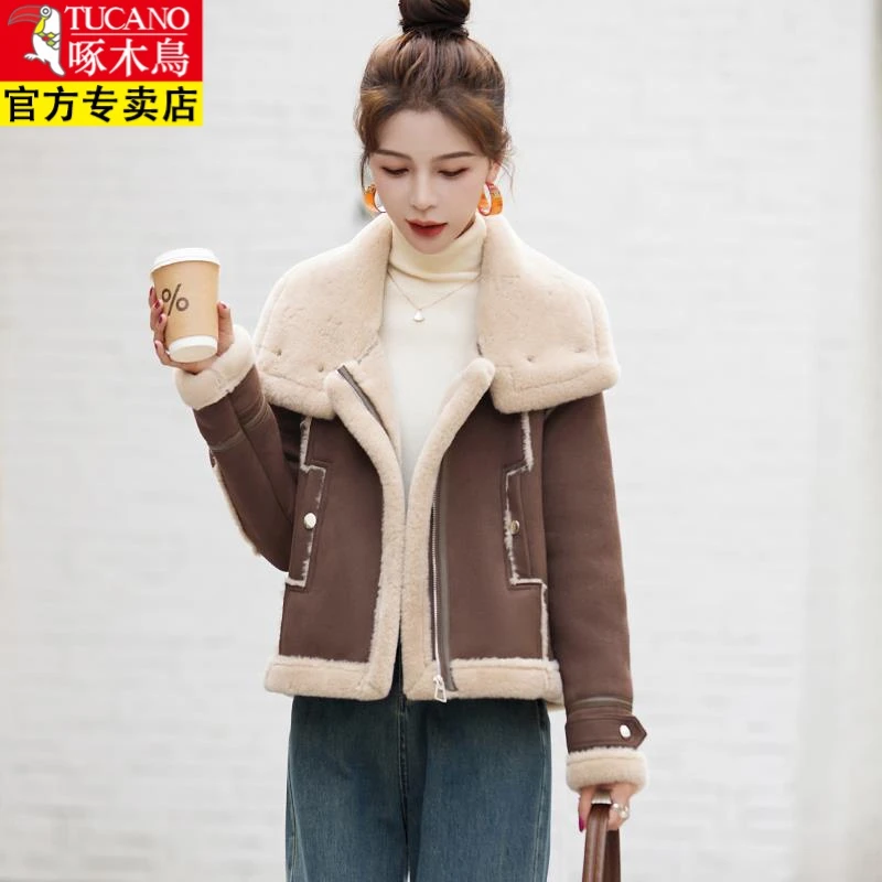 啄木鸟秋冬女士短外套羊羔毛皮毛一体高级感小个子洋派机车服美拉