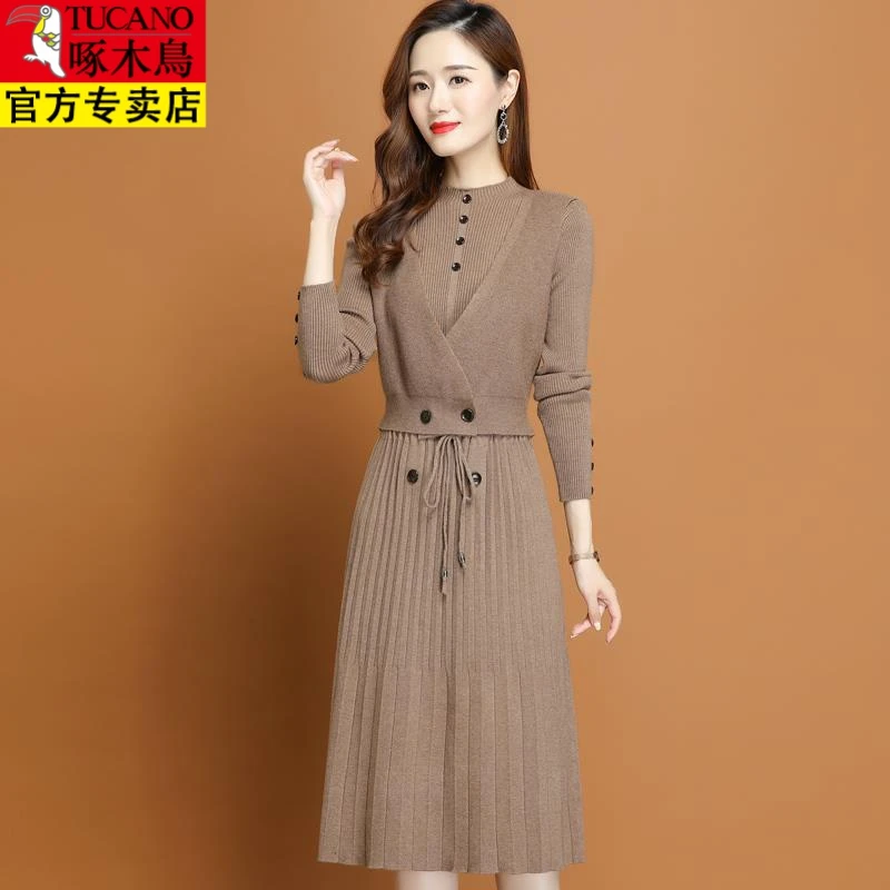 啄木鸟女士毛衣裙中长款秋冬2023年新款春秋爆款配大衣连衣裙针织