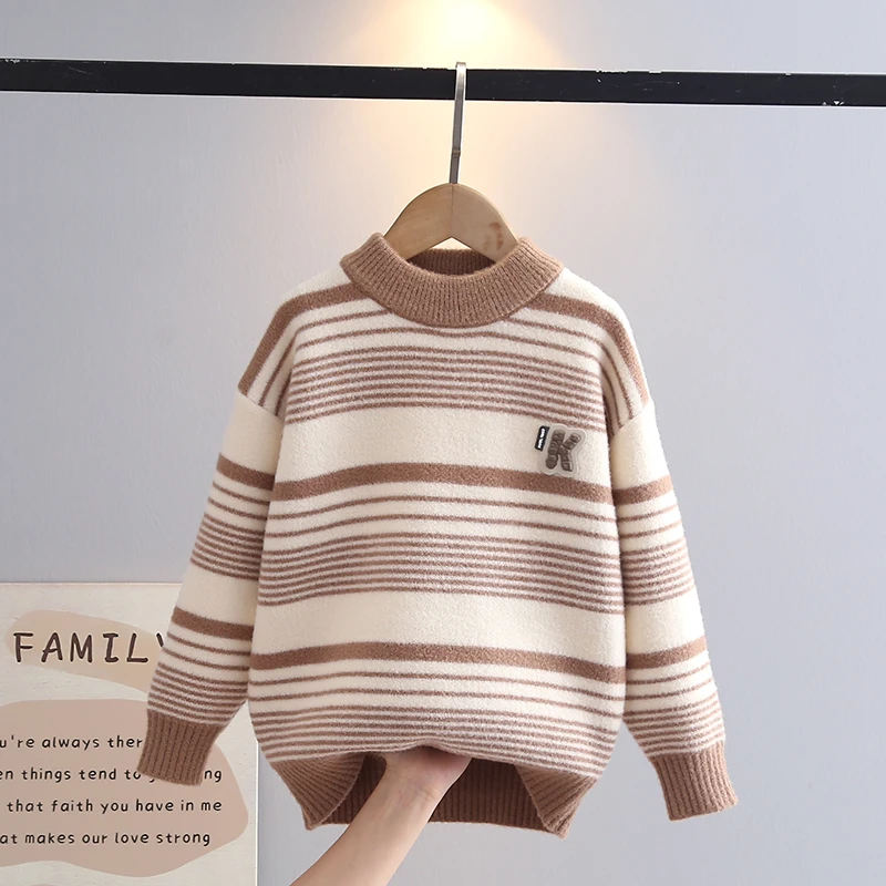 男童毛衣2024秋冬新款加厚打底套头洋气条纹儿童针织衫中大童上衣