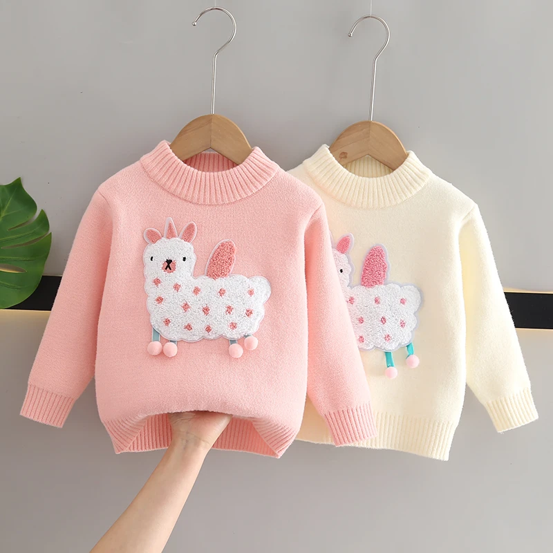 女童毛衣洋气卡通儿童针织衫一体绒2023冬季新款保暖加厚宝宝线衣
