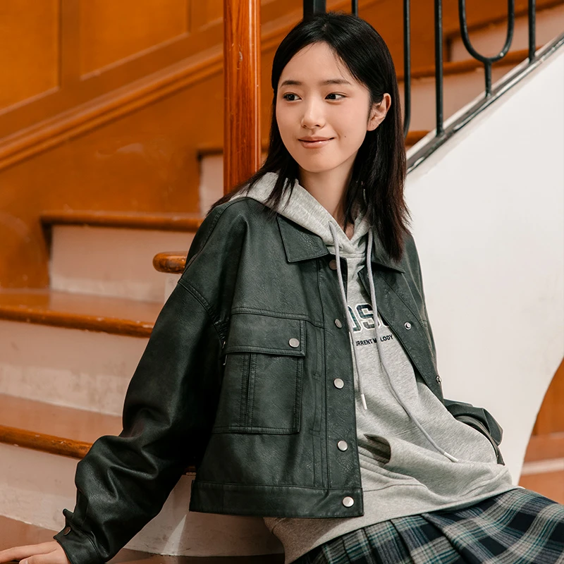 中和休闲女装皮夹克秋季2024新款宽松翻领甜酷短外套潮E63230261