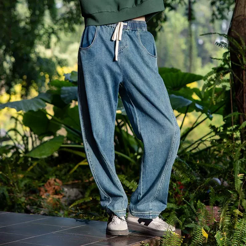 中和休闲女装牛仔裤2025春季新款松紧腰抽绳宽松香蕉裤阔腿弯刀裤