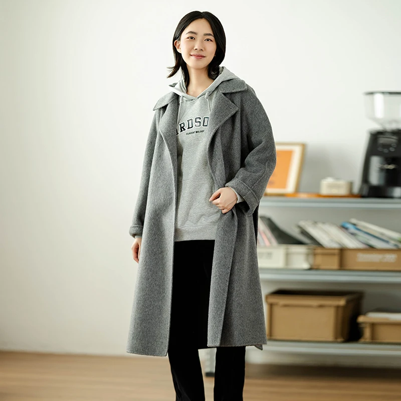 中和休闲高级灰双面呢大衣女2024冬季新款中长款过膝毛呢子外套