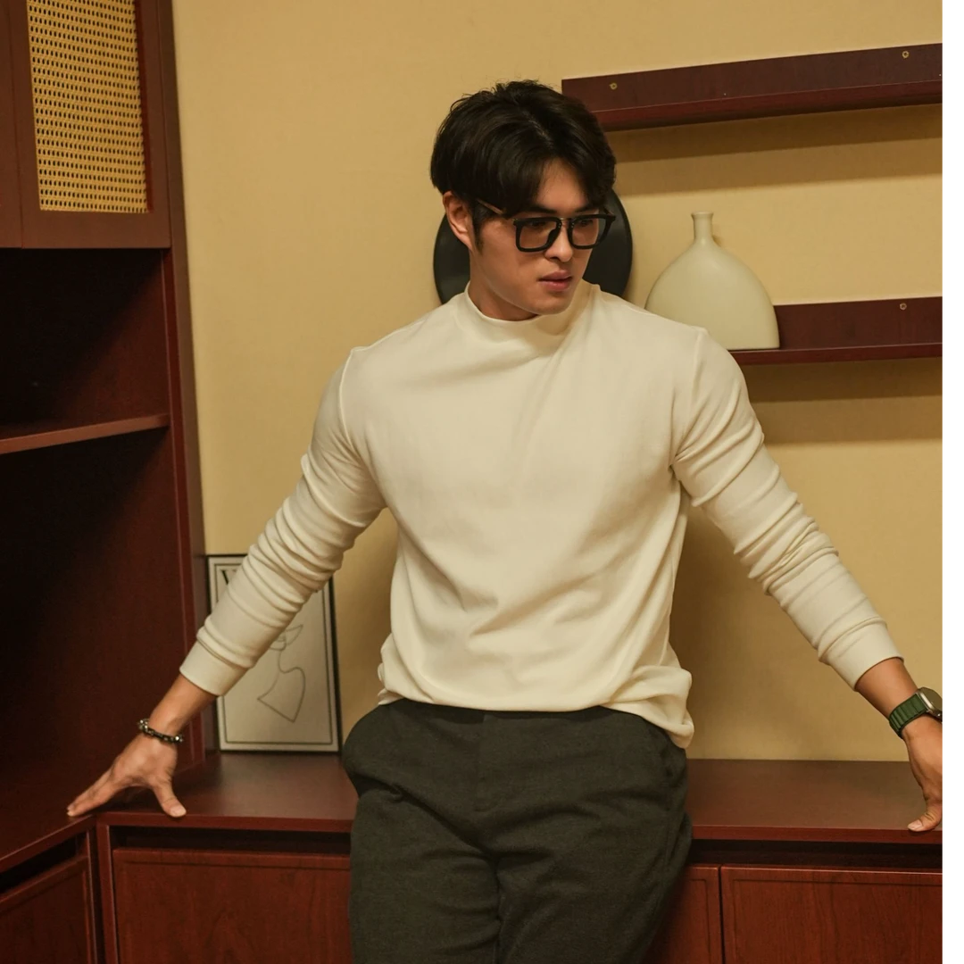 秋冬季微高领320g磨毛高弹重磅韩系仿羊绒保暖型男男士T恤长袖