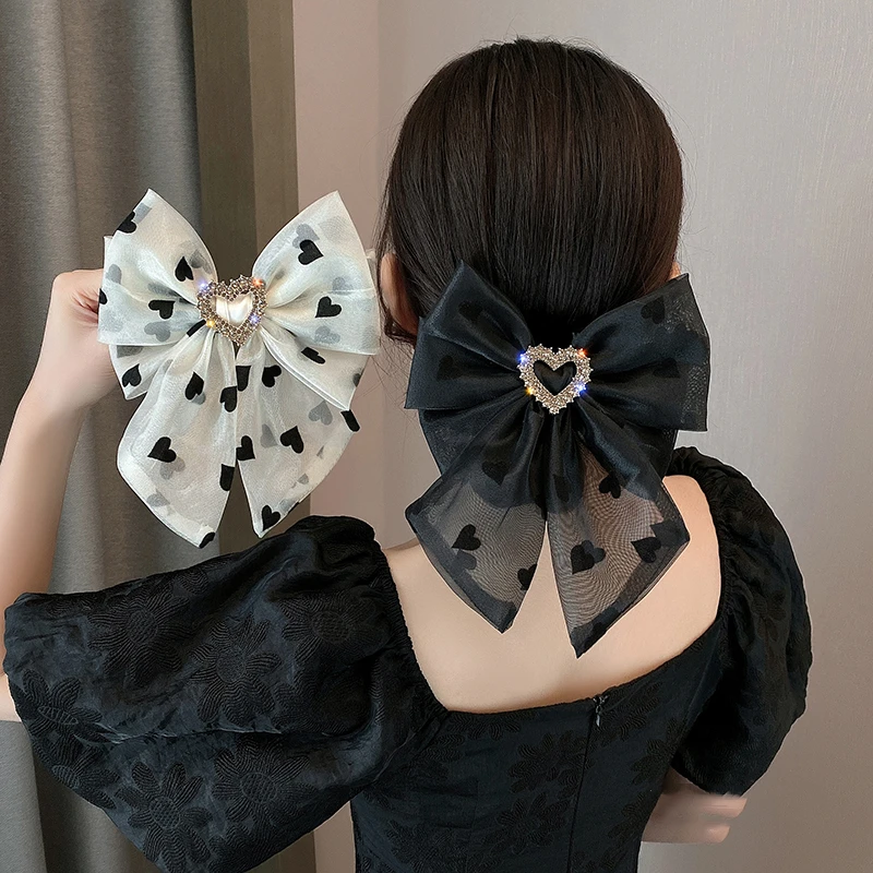 气质网红马尾夹时尚网纱蝴蝶结发夹女后脑勺黑色春夏爱心夹子头饰