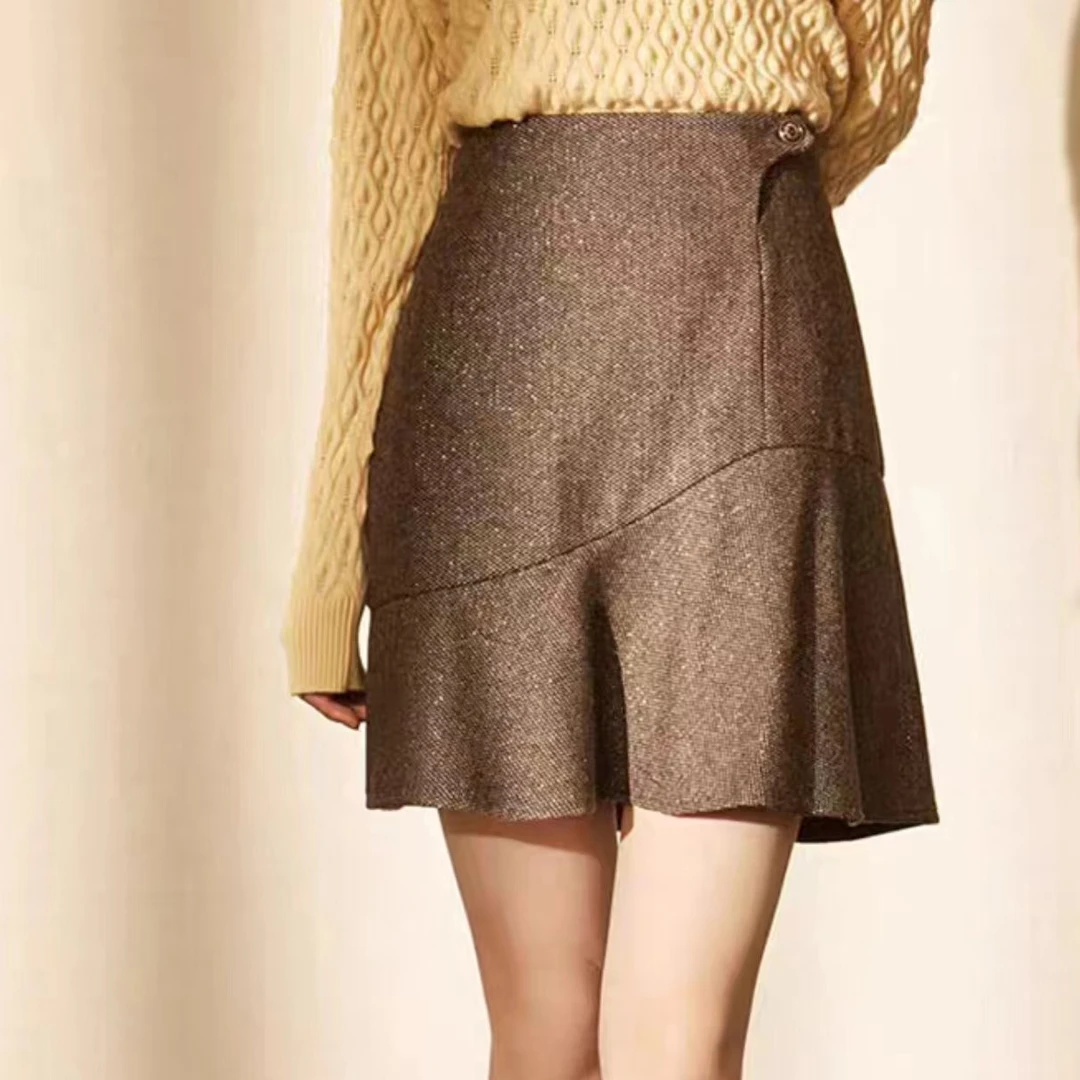 秋冬新款高腰鱼尾半身裙显瘦荷叶边短裙