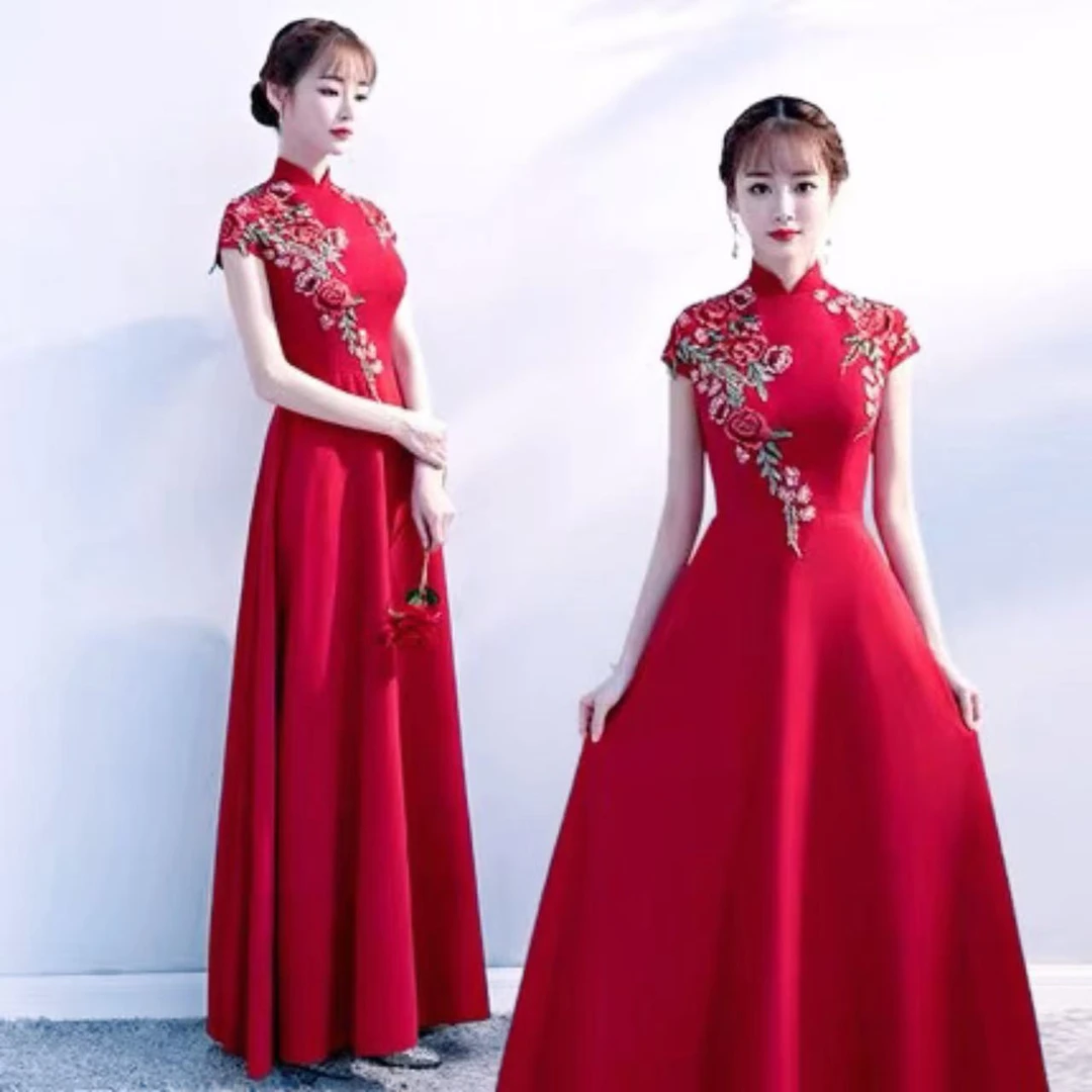 大合唱学生晚礼服主持人优雅气质红色礼仪迎宾简约立领女