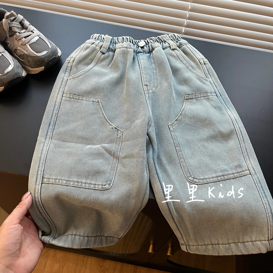 降温实用！韩国男女童洋气贴布口袋加绒牛仔裤儿童休闲直筒裤秋冬