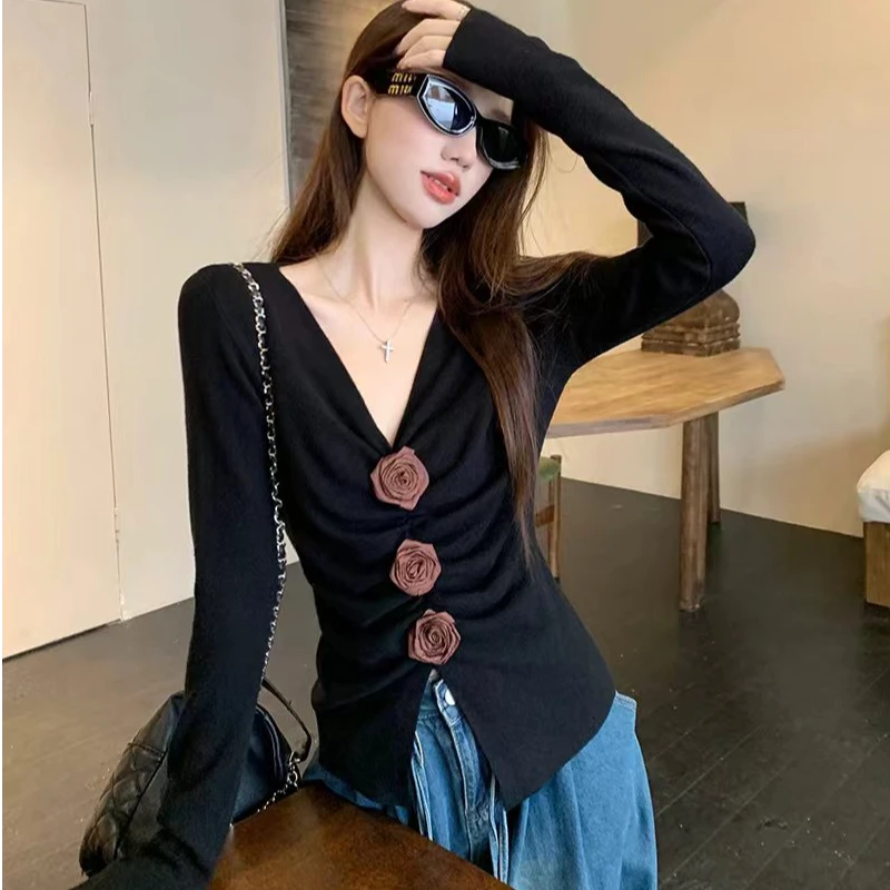 立体玫瑰褶皱V领长袖针织衫女秋季新款设计感时尚小众显瘦上衣潮