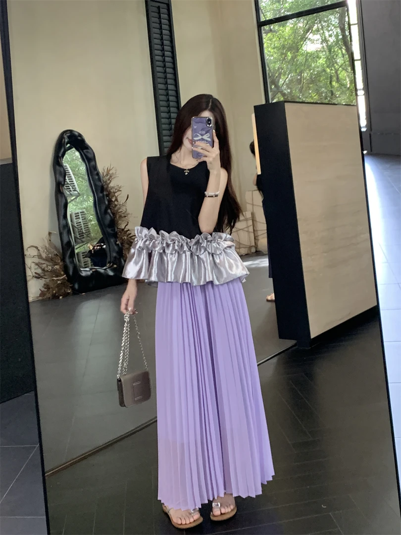 法式荷叶边拼接别致无袖衬衫高腰显瘦百褶半身裙女夏季新款两件套