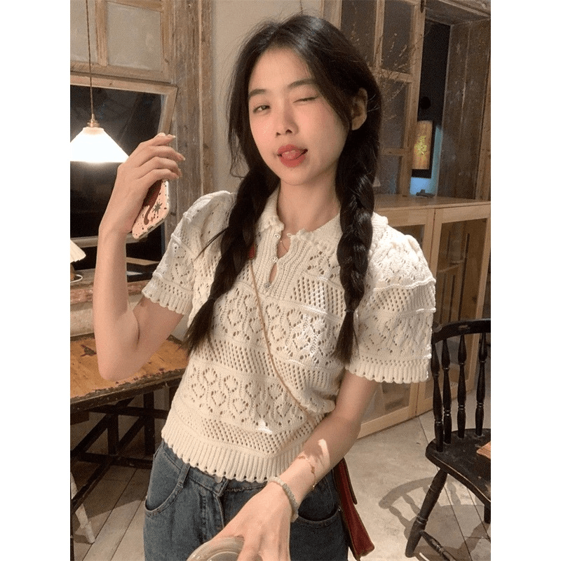 白色polo领短款上衣女夏季新款宽松设计感小众薄款钩花短袖针织衫