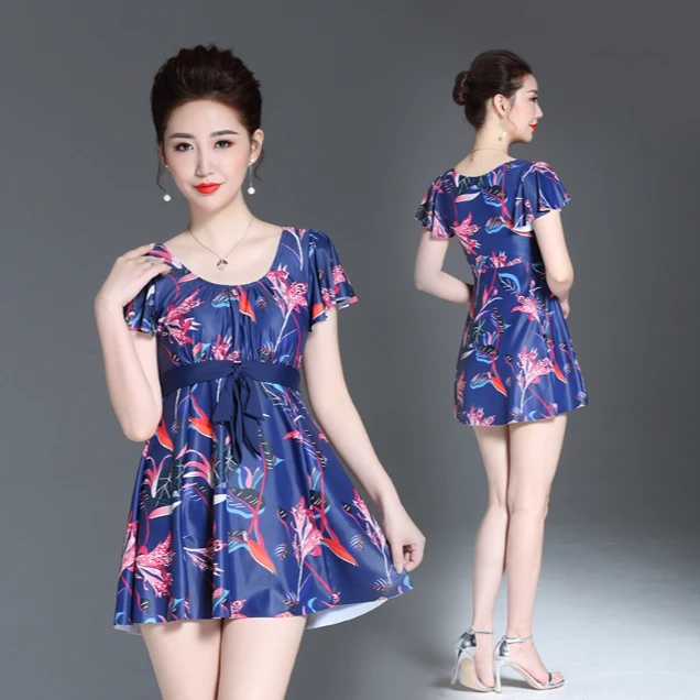 妈妈泳衣女保守中老年显瘦遮肚大码连体泡温泉游泳衣集合