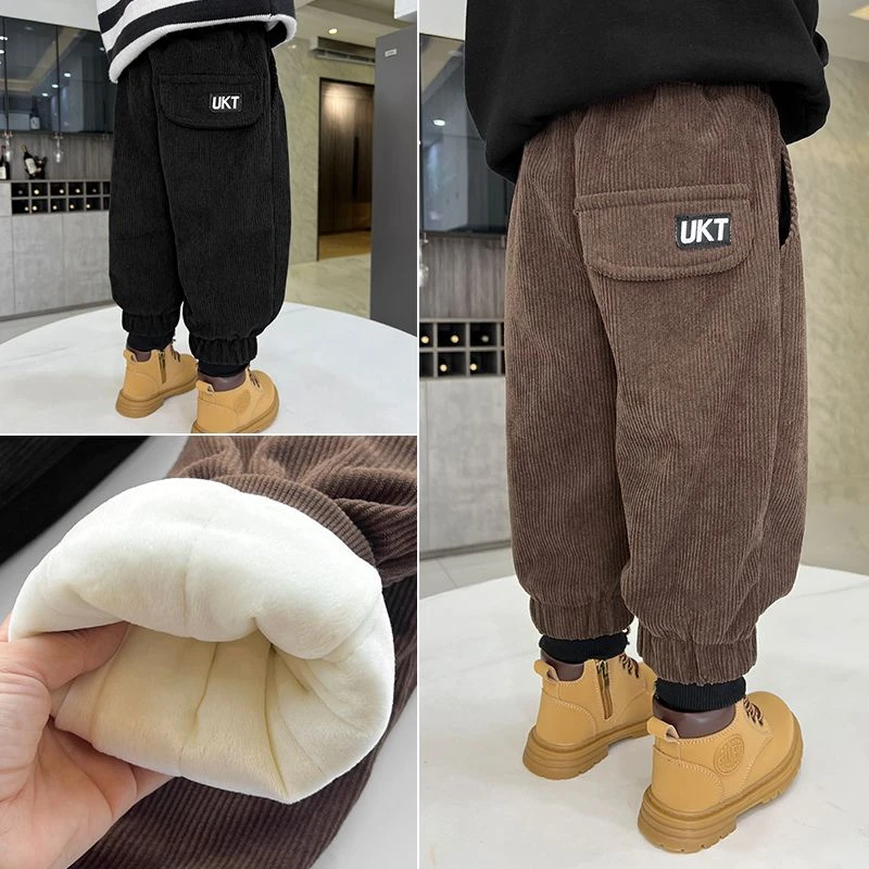 巴拉拉吧男童加绒加厚裤子冬季保暖儿童休闲裤宝宝外穿夹棉灯芯绒