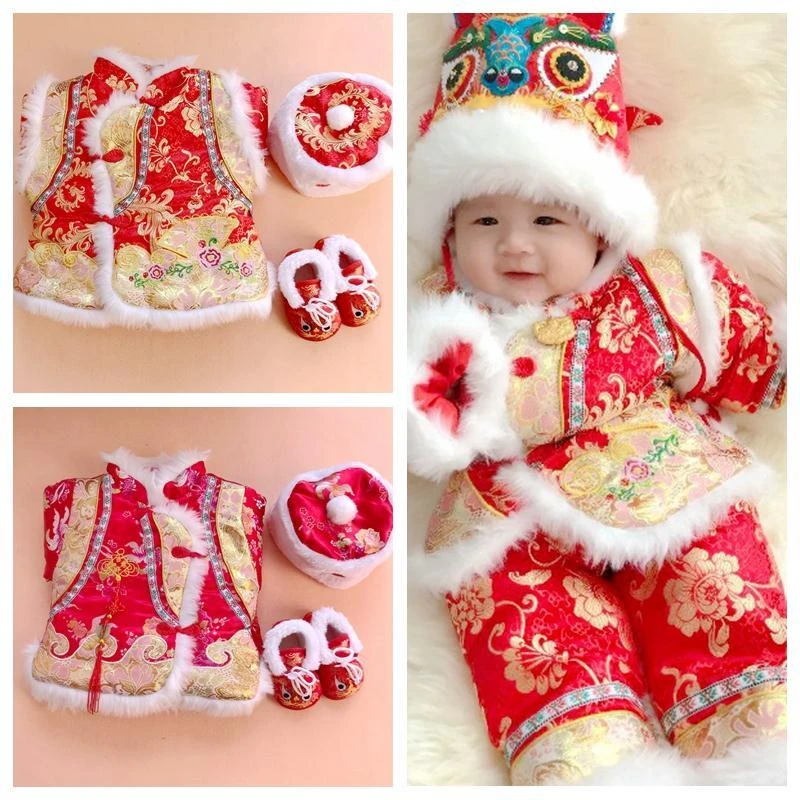 巴拉拉吧女童唐装秋冬装男童棉套装宝宝百天周岁庆生抓周新年服不