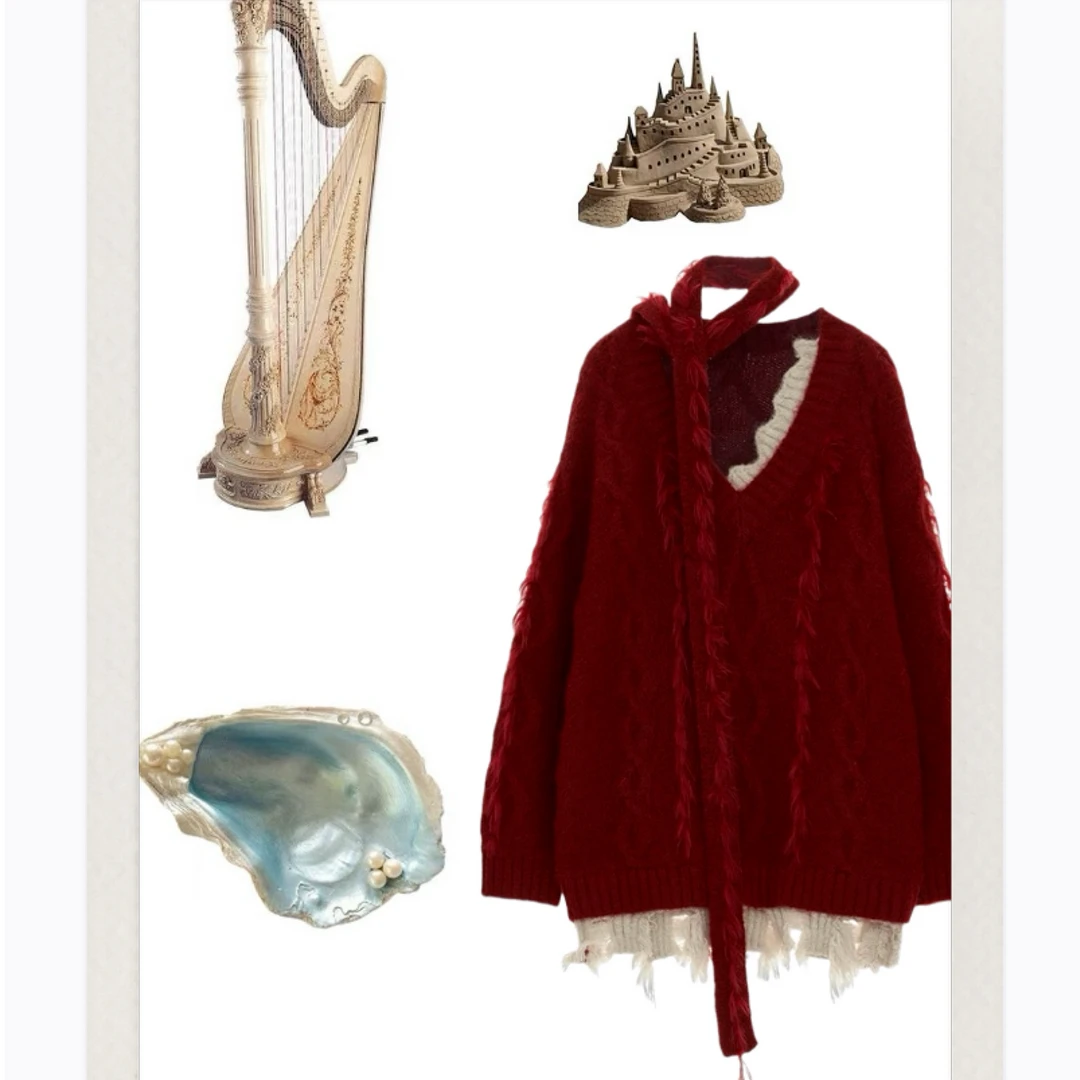 【安-格林童话】红围脖绑带麻花针织上衣女秋冬新款慵懒宽松针织衫