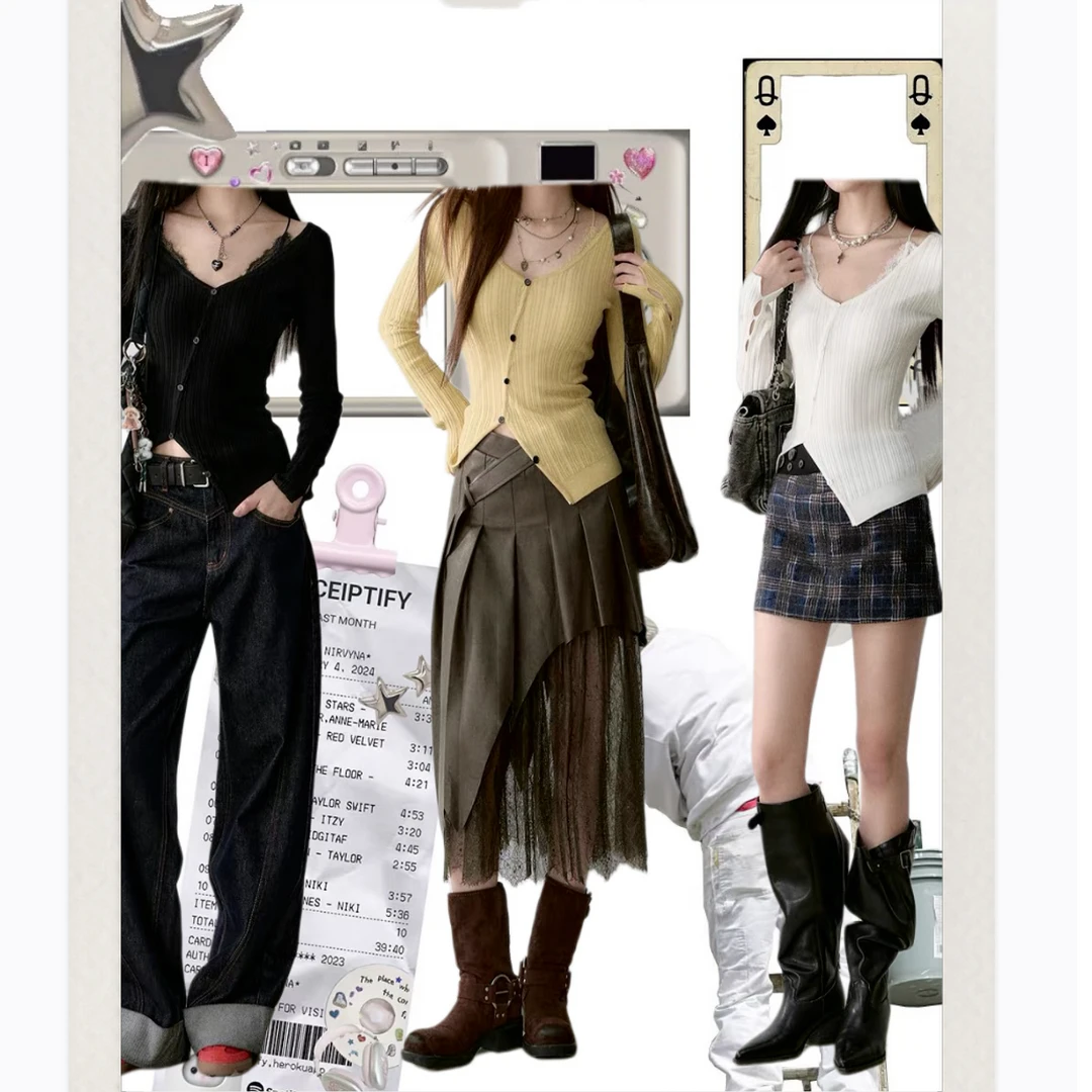 【安—肉桂贝果】设计感不规则蕾丝拼接针织衫女秋季辣妹打底衫上衣