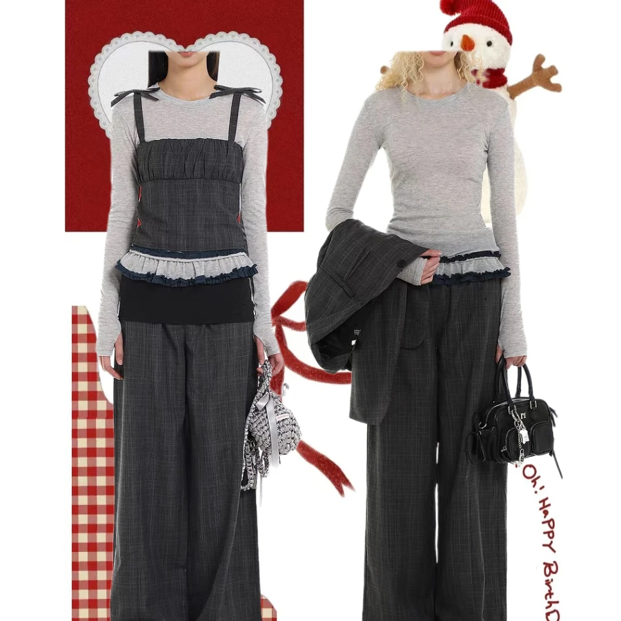 【安—实穿主义】秋季基础款灰色双层花边下摆弹力修身打底T恤上衣