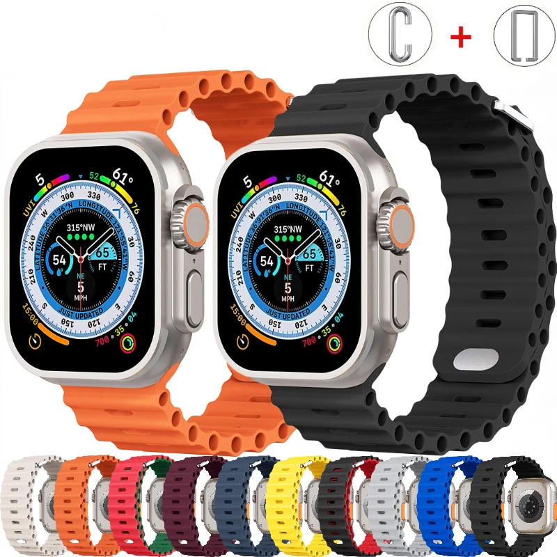 适用苹果AppleWatch9海洋硅胶iWatch10 8 7 SE双扣透气表带Ultra2