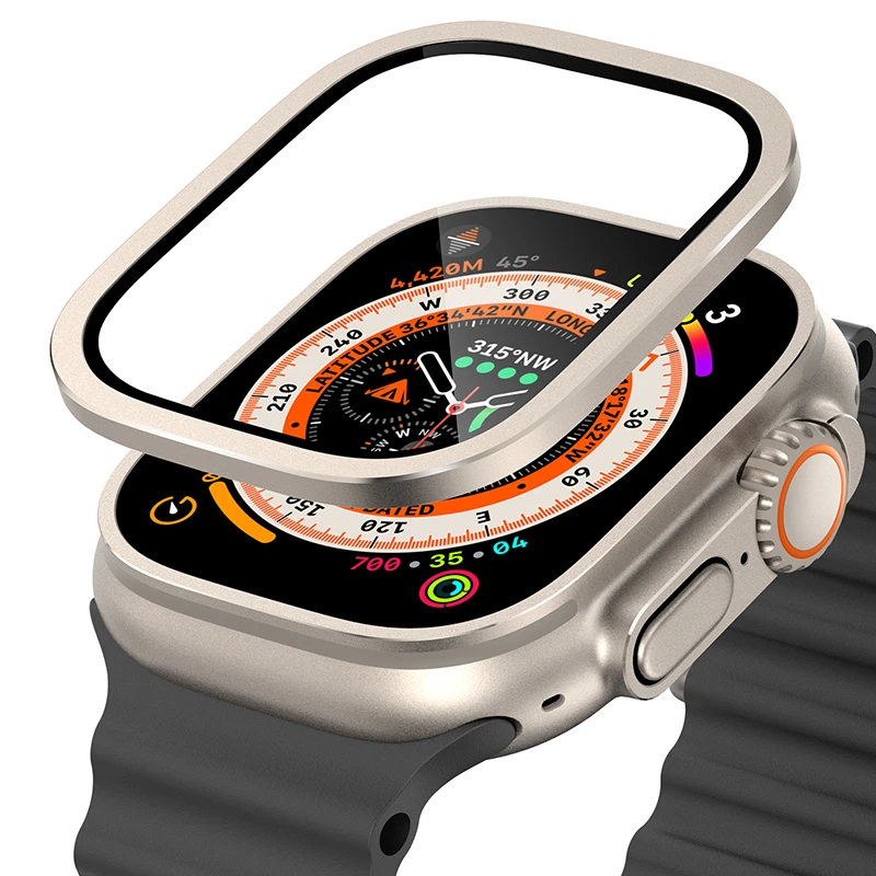 适用于Apple Watch Ultra 49mm苹果金属保护壳框架+高清钢化玻璃