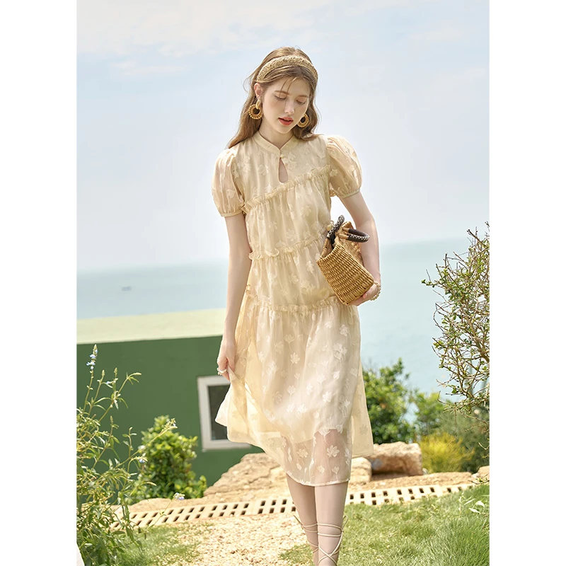 【年中大促】谜秀新中式国风宽松连衣裙夏季新款米色仙气雪纺裙子女