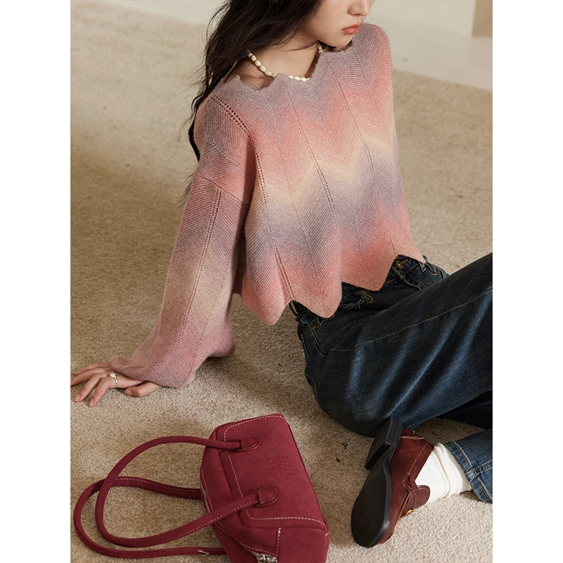 谜秀新品【渐变海马纱线】 小众气质上衣设计感针织衫毛衣女春秋