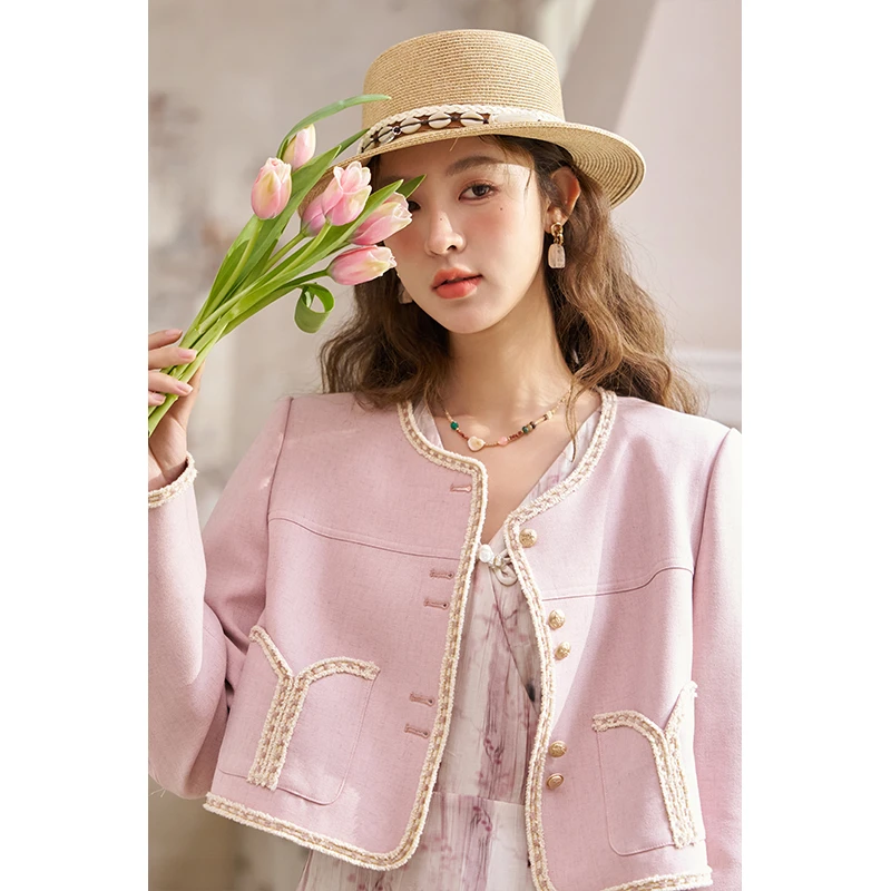 【年中大促】谜秀 小个子甜杏粉春季洋气气质宽松小香风短款女外套