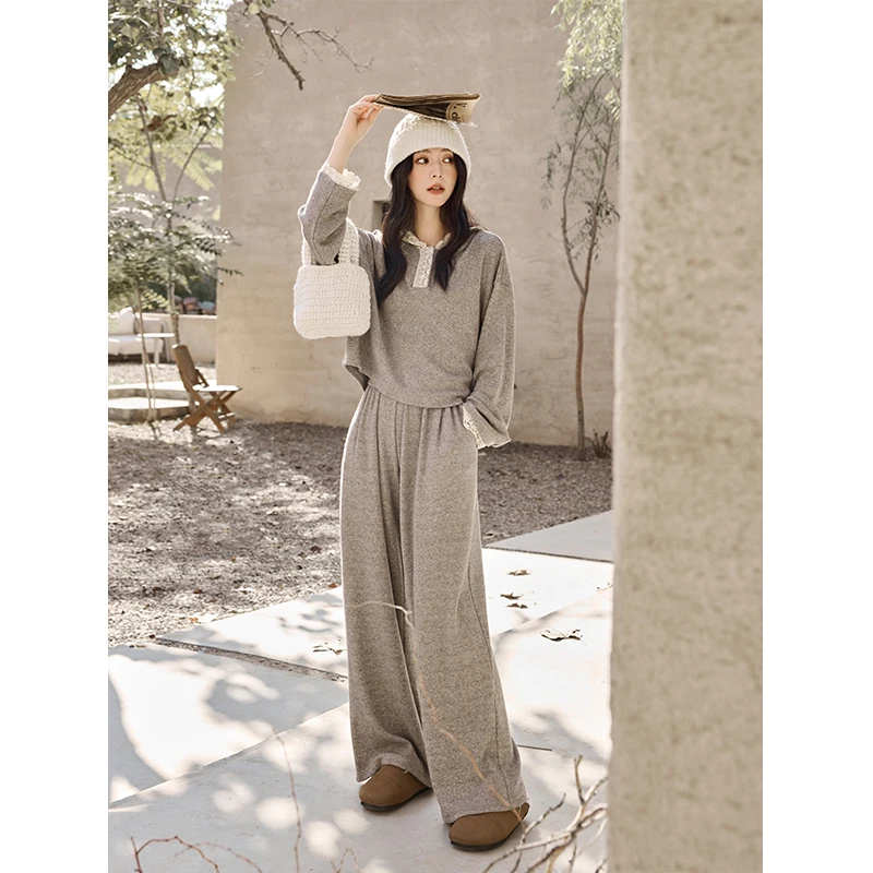 谜秀新品塔塔灰设计感蕾丝花边拼接连帽卫衣+休闲阔腿裤套装