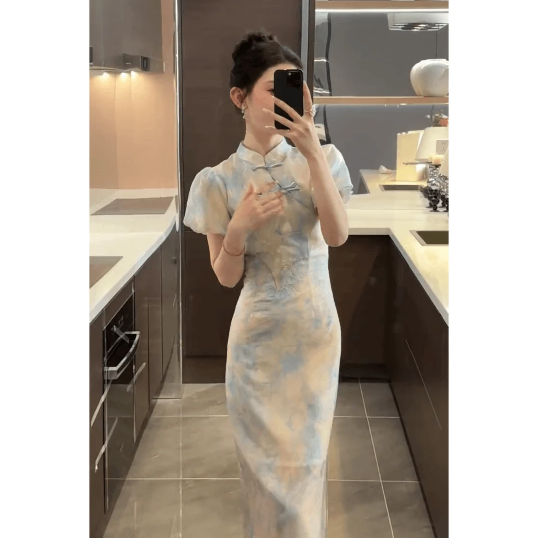 新中式少女改良旗袍日常小个子长短款修身刺绣连衣裙348