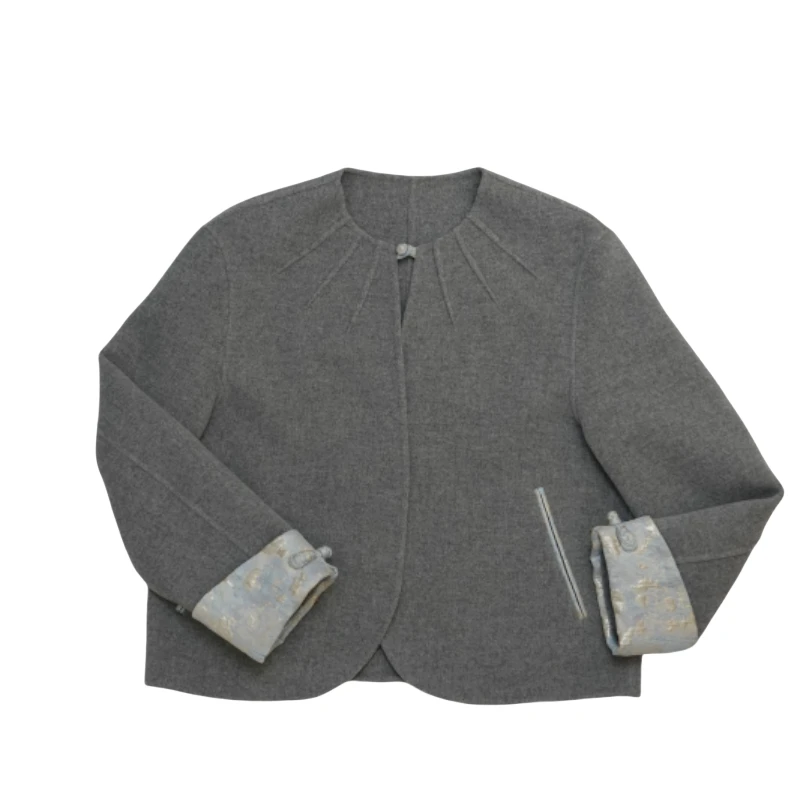 新中式立体压花领口单粒扣双面呢羊毛上衣短款时尚休闲宽松毛呢