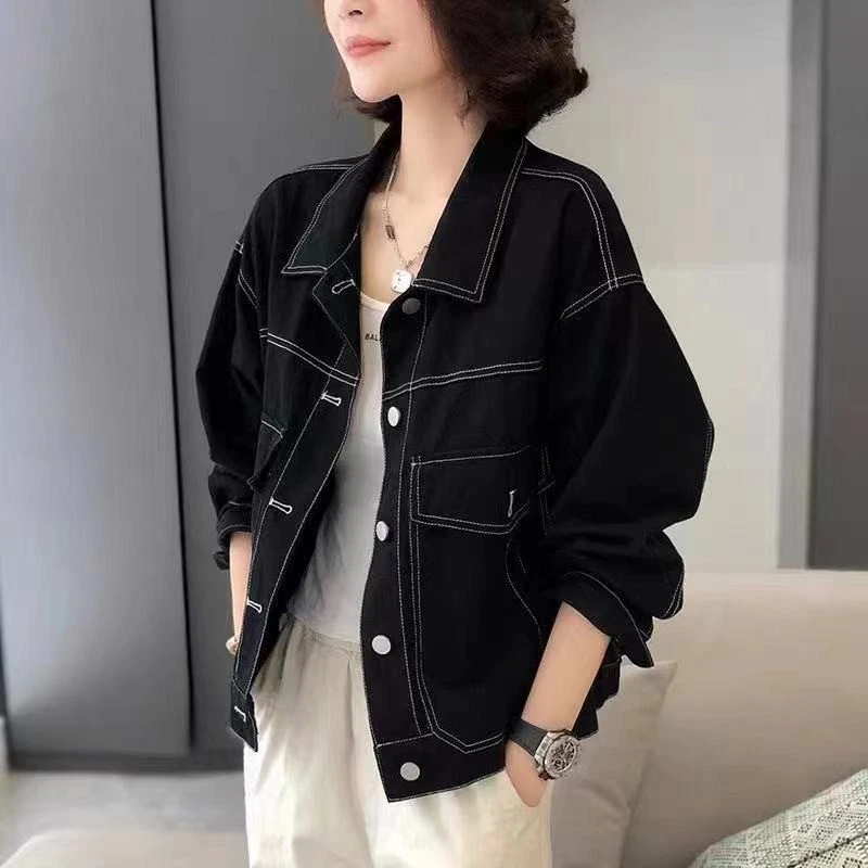 春秋设计感黑色纯牛仔外套3008