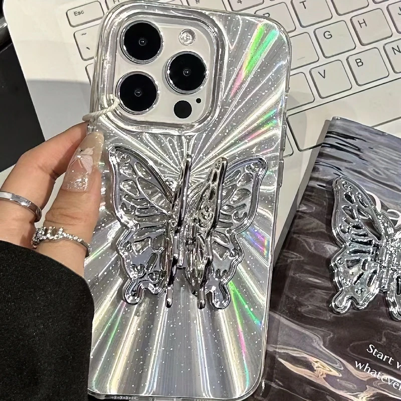 烟花极光银蝴蝶适用苹果/华为/OPPO/VIVO荣耀/小米全包防摔手机壳