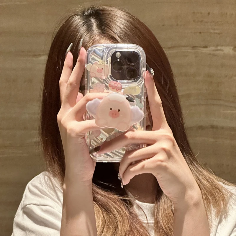 天使小猪支架适用于苹果华为/OPPO/VIVO荣耀全包防摔透明软手机壳