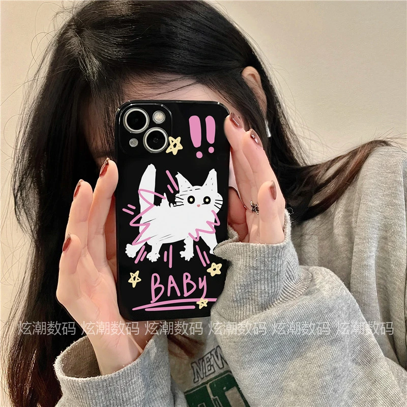 ins甜酷猫咪适用于苹果/华为/OPPO/VIVO/小米荣耀全包亮黑手机壳
