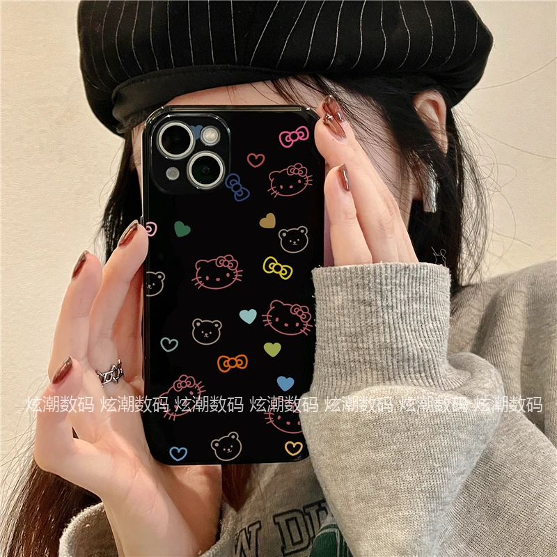 卡通爱心kt猫适用于苹果/华为/OPPO/VIVO/小米荣耀全包亮黑手机壳