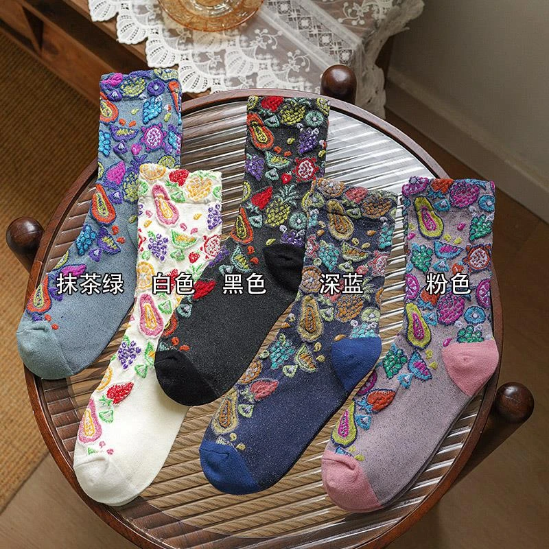 可爱复古袜子女春秋中筒袜纯棉ins小碎花木耳花边长款蓝色堆堆袜