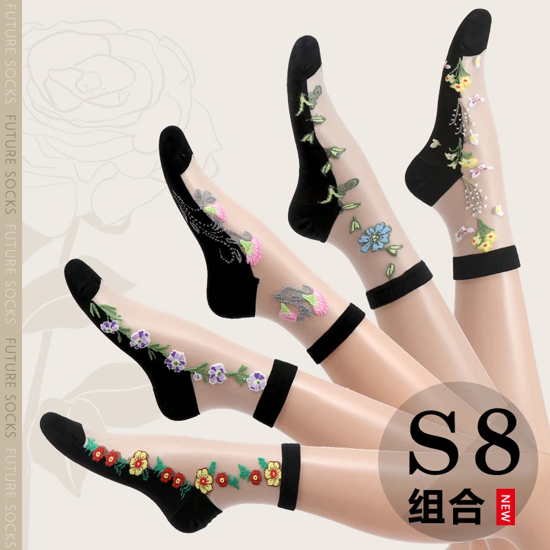 新款棉底玻璃丝袜子超薄水晶袜甜美黑丝透气女士中筒耐磨防滑性感