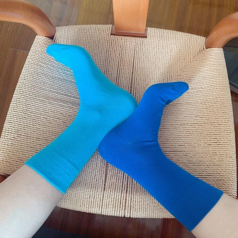 5双装蓝色中筒袜子女ins潮流春夏季款长袜纯色秋季纯棉蓝色吸汗女