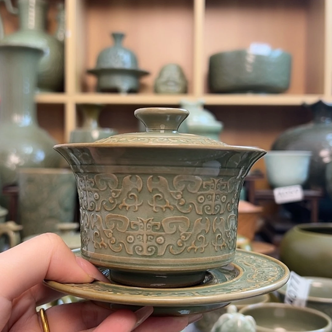 【闪购商品】瓷碗饕餮纹三才盖碗