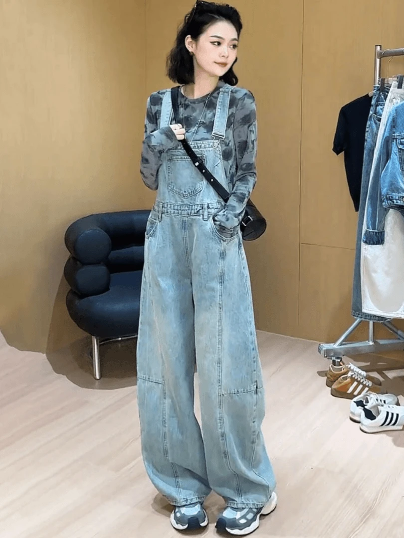 浅色复古牛仔背带裤女2025新款夏季高腰宽松显瘦减龄阔腿连体裤子