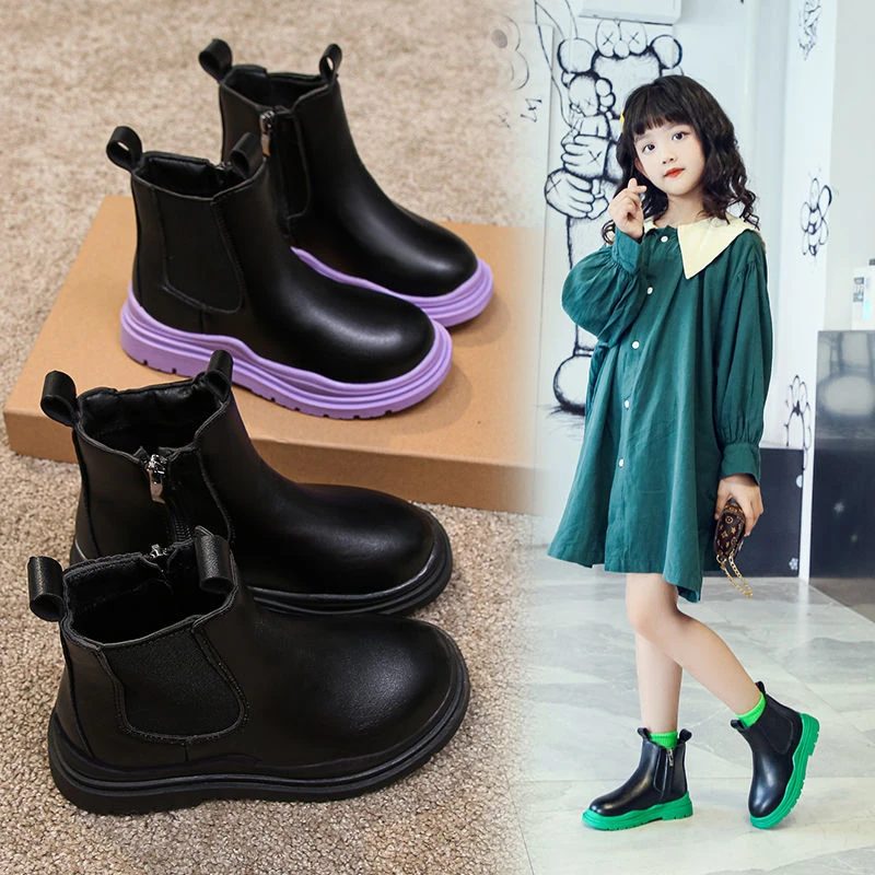 防滑加绒马丁靴女童马丁靴2021秋冬新款儿童英伦软底加绒保暖女