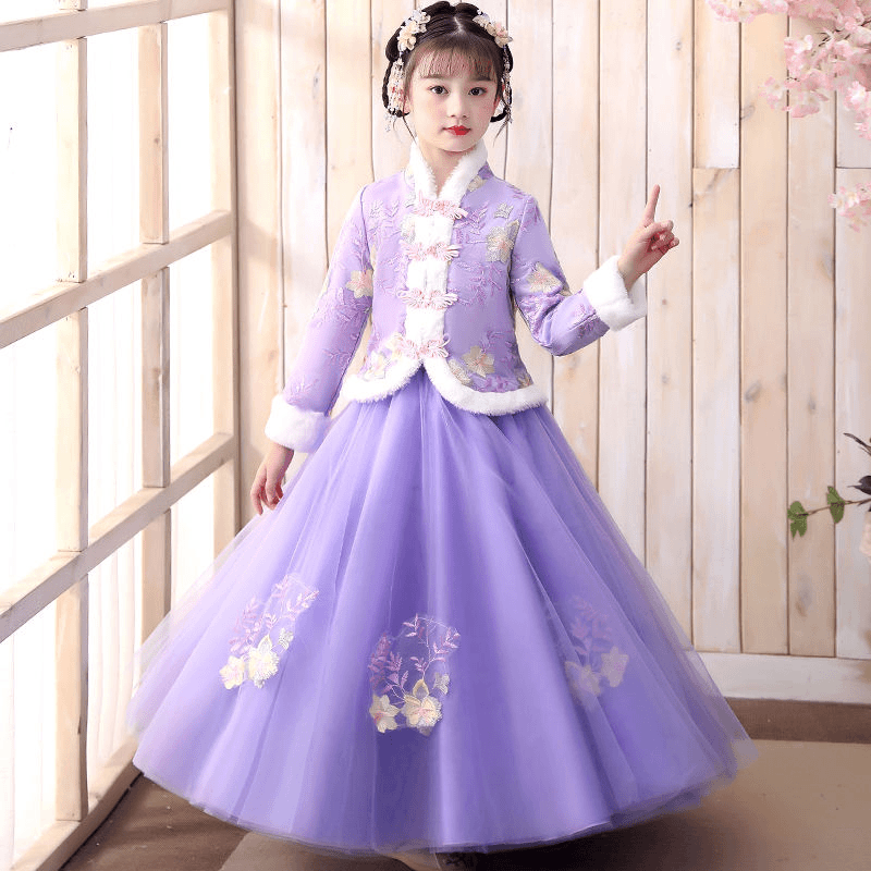 汉服云肩女童汉服冬装加厚中国风拜年服儿童唐装冬季加绒女孩