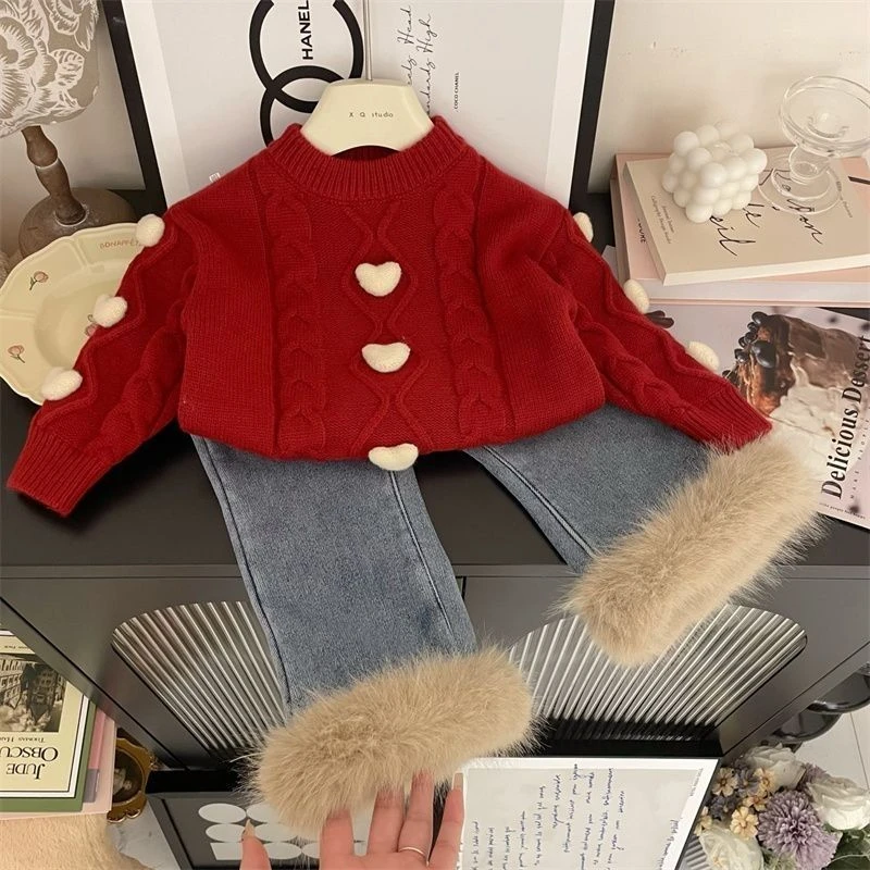 女童装冬季新款韩版爱心加厚保暖毛衣套头衫圣诞小女孩麻花针织衫