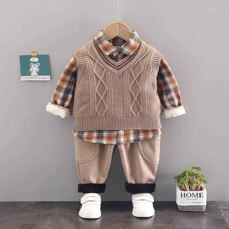 男童秋冬装宝宝加绒套装2023新款婴儿童加厚洋气毛衣马甲三件套潮