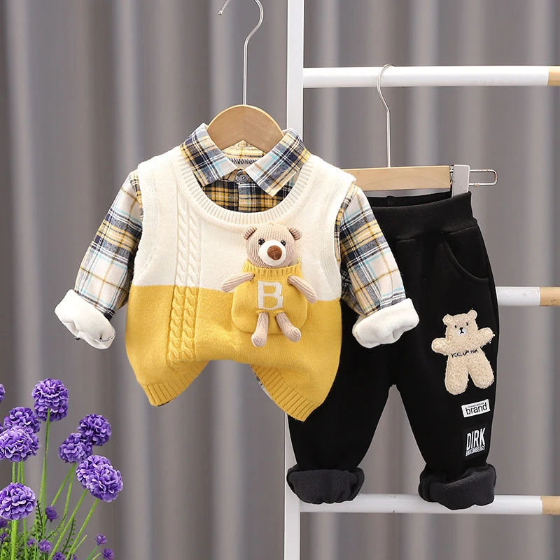 男童冬装套装新款儿童装洋气男宝宝秋冬季加绒加厚毛衣马甲三件套