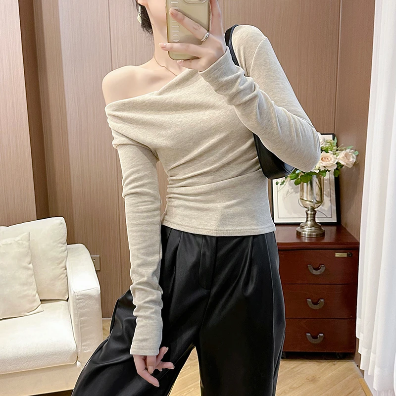 一字肩荡领多种穿法纯欲薄绒长袖T恤女秋冬季修身显瘦打底