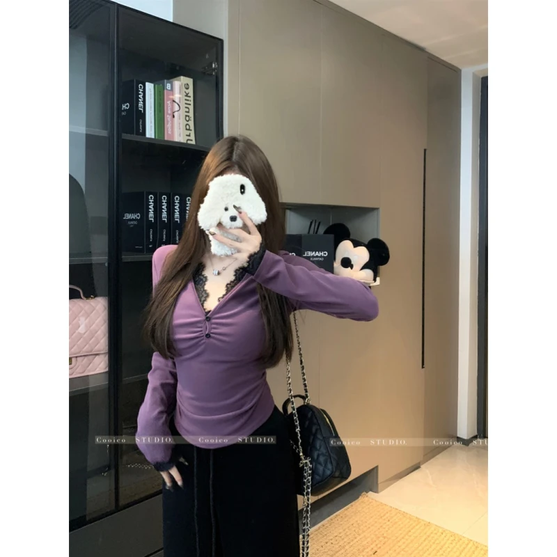 BOLUO纯欲风紫色蕾丝v领T恤上衣秋冬甜辣修身打底衫内搭独特绝美